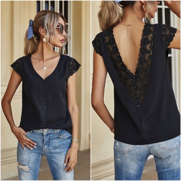 Tops - Black v neck button down lace low back detail top
